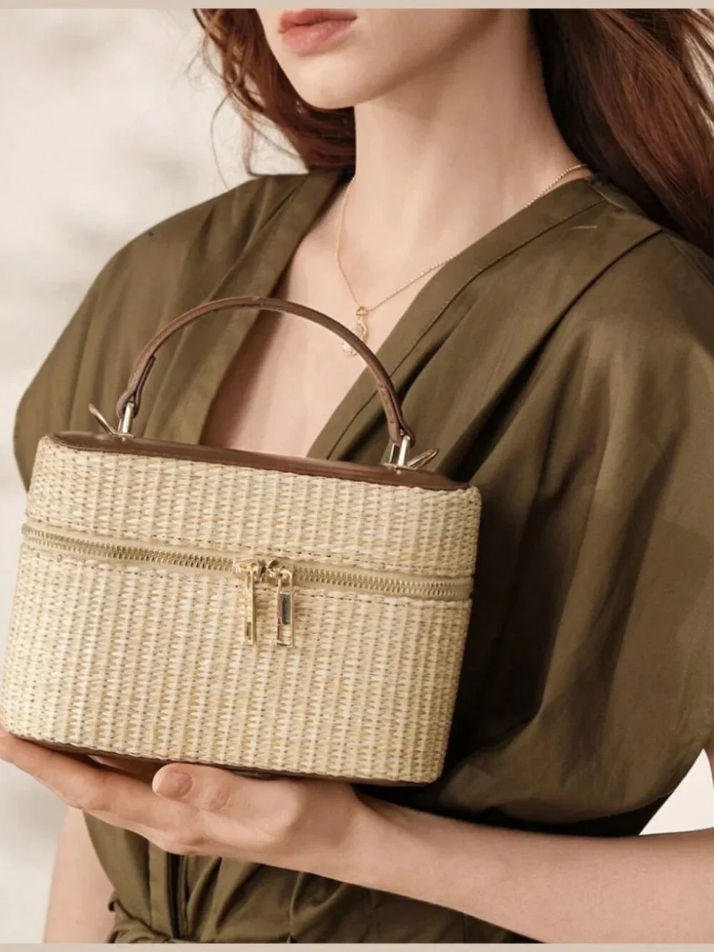 Tan Woven Straw Box Bag with Brown Trim Top Handle